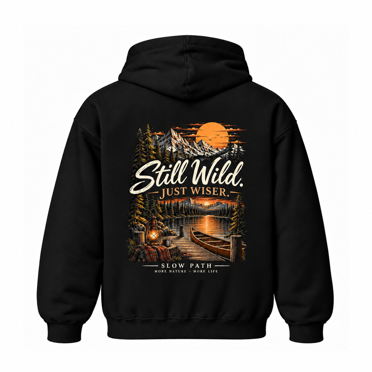 Slow Path Vintage Mountain Lake Camping & Canoe Graphic  Hoodie