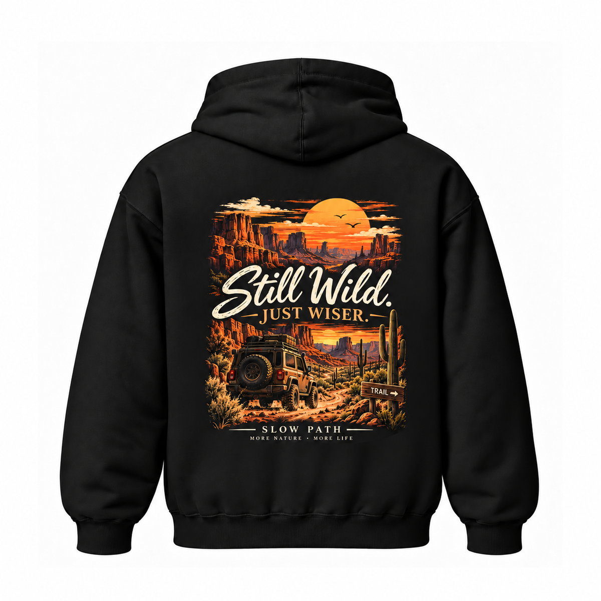 Slow Path Vintage Desert Off-Road Adventure & Canyon Sunset Graphic Hoodie