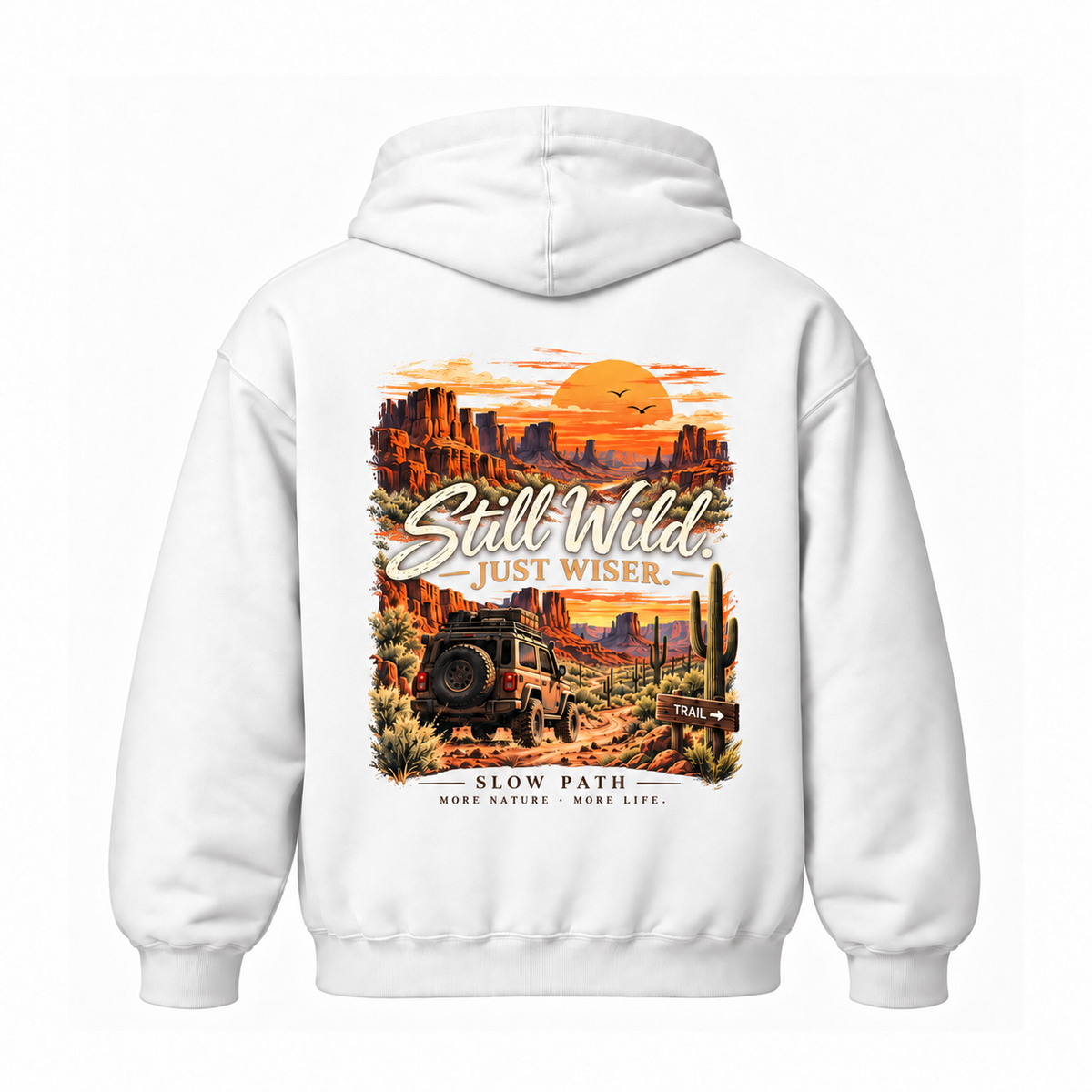 Slow Path Vintage Desert Off-Road Adventure & Canyon Sunset Graphic Hoodie