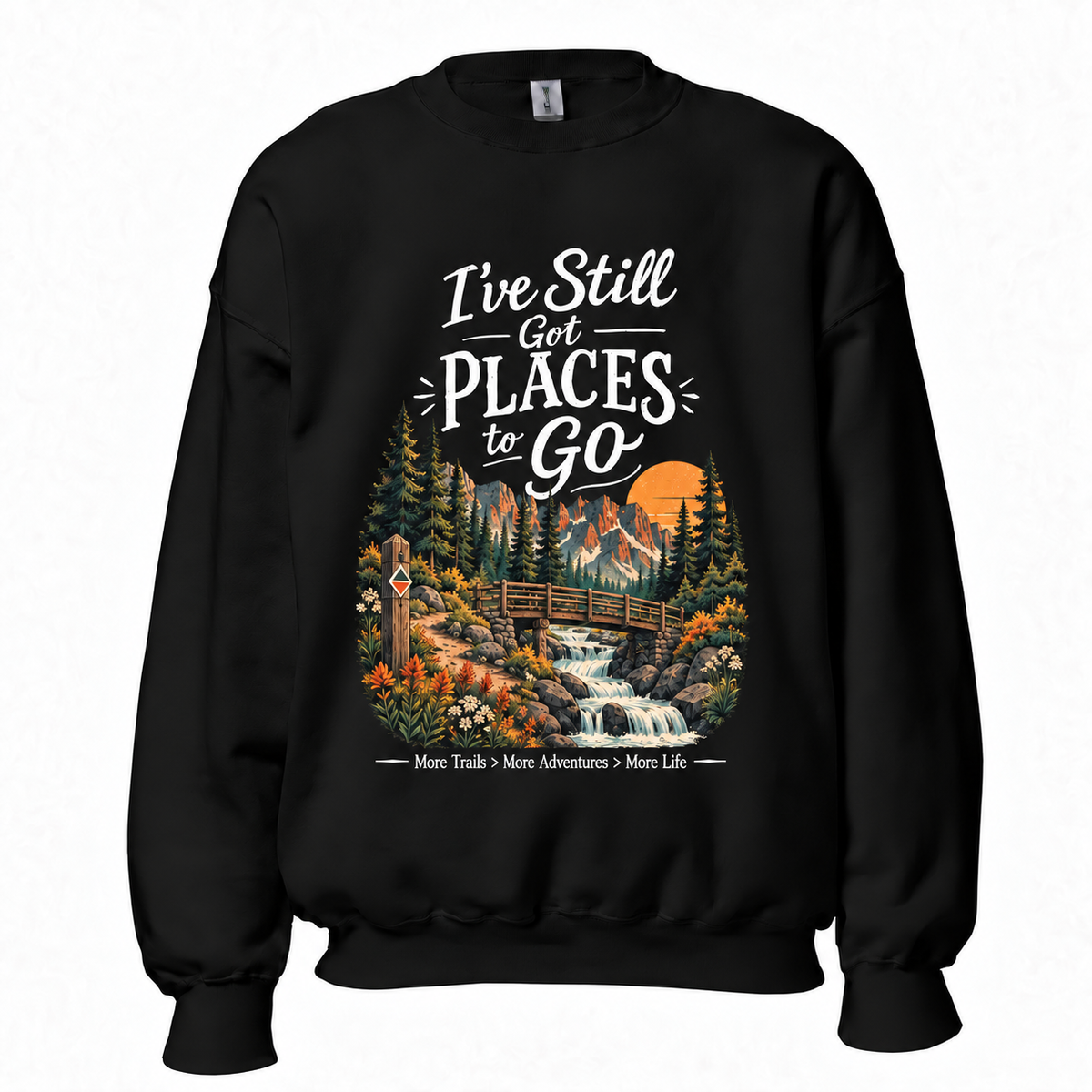 Slow Path Vintage Mountain Waterfall, Forest Bridge & Hiking Adventure Graphic Sweatshirt